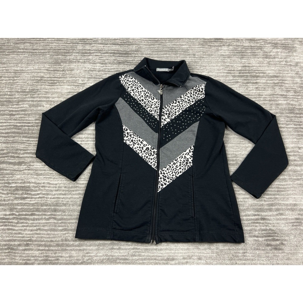 Three Hearts Sweater Womens Small Black Embellished Full Zip Longsleeve Pockets